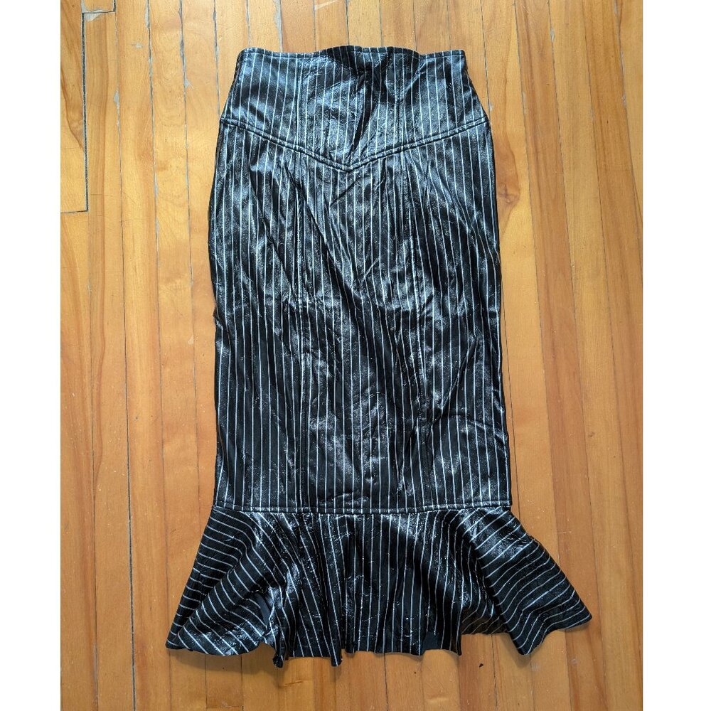 WORNED OUT Fetish Lip Service black & slv pinstripes vinyl mermaid corset skirt